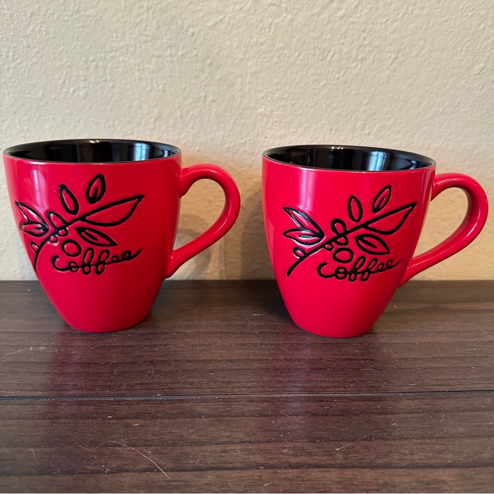 2007 Starbucks Red Black Mug Set Stamped Botanical Coffee Plant Ceramic 12 fl oz